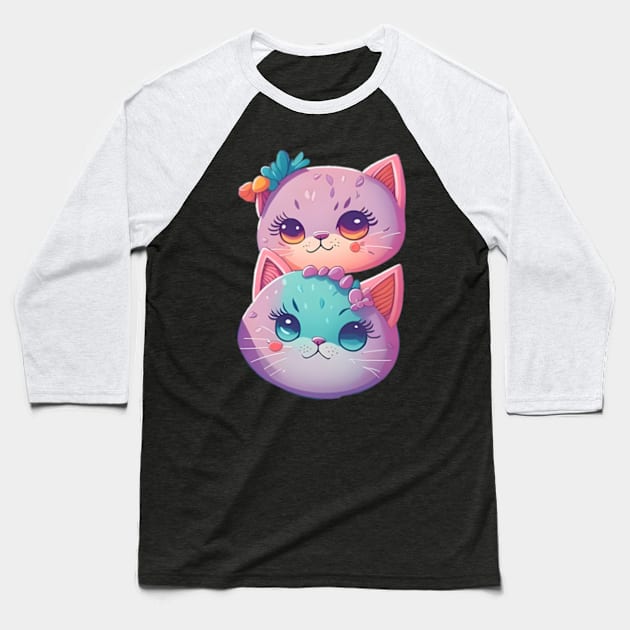 Cute Kawaii Cats Pattern Baseball T-Shirt by BrisaArtPrints